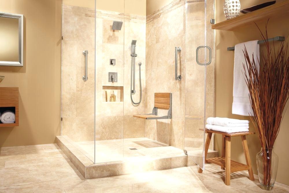 Photo: Custom bathroom with safety equipment added - grab bars, shower seat, handheld shower